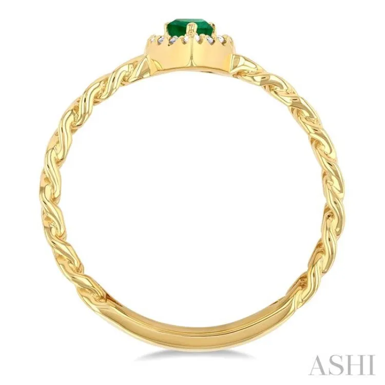 1/10 ctw Cuban Link 5x3 MM Pear Cut Emerald and Round Cut Diamond Halo Precious Ring in 10K Yellow Gold