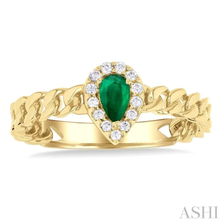 1/10 ctw Cuban Link 5x3 MM Pear Cut Emerald and Round Cut Diamond Halo Precious Ring in 10K Yellow Gold