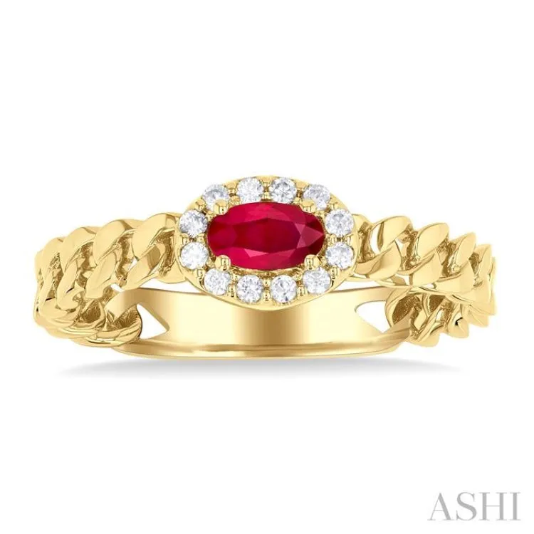 1/10 ctw Cuban Link East-West 5X3MM Oval Cut Ruby and Round Cut Diamond Halo Precious Ring in 10K Yellow Gold