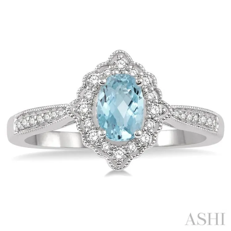 1/5 Ctw Oval Shape 6x4mm Aquamarine & Round Cut Diamond Semi Precious Ring in 10K White Gold