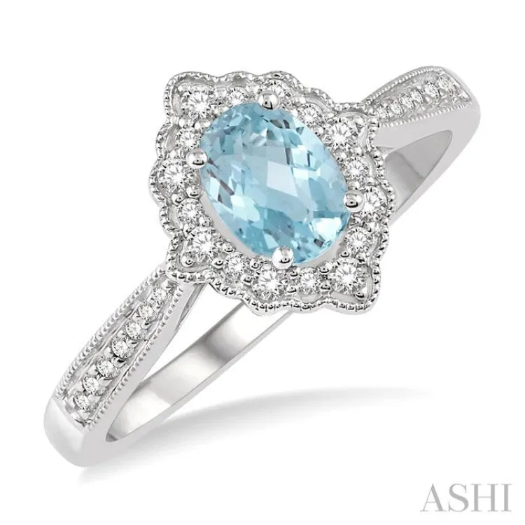 1/5 Ctw Oval Shape 6x4mm Aquamarine & Round Cut Diamond Semi Precious Ring in 10K White Gold