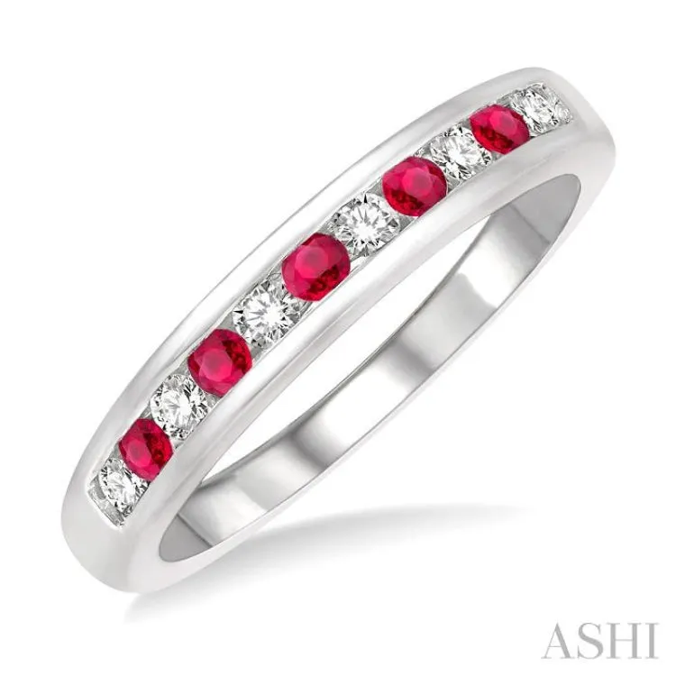 1/5 ctw Round Cut Diamond and 2MM Ruby Precious Wedding Band in 14K White Gold