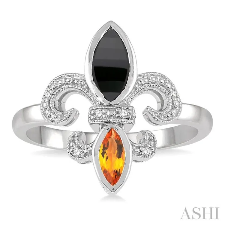 1/50 ctw Marquise Cut 8x4MM Onyx & 6X3MM Citrine Round Cut Diamond Fleur De Lis Ring in Silver