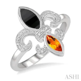 1/50 ctw Marquise Cut 8x4MM Onyx & 6X3MM Citrine Round Cut Diamond Fleur De Lis Ring in Silver