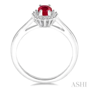 6X4MM Oval Cut Ruby Center and 1/8 Ctw Round Cut Diamond Halo Precious Stone Ring in 10K White Gold