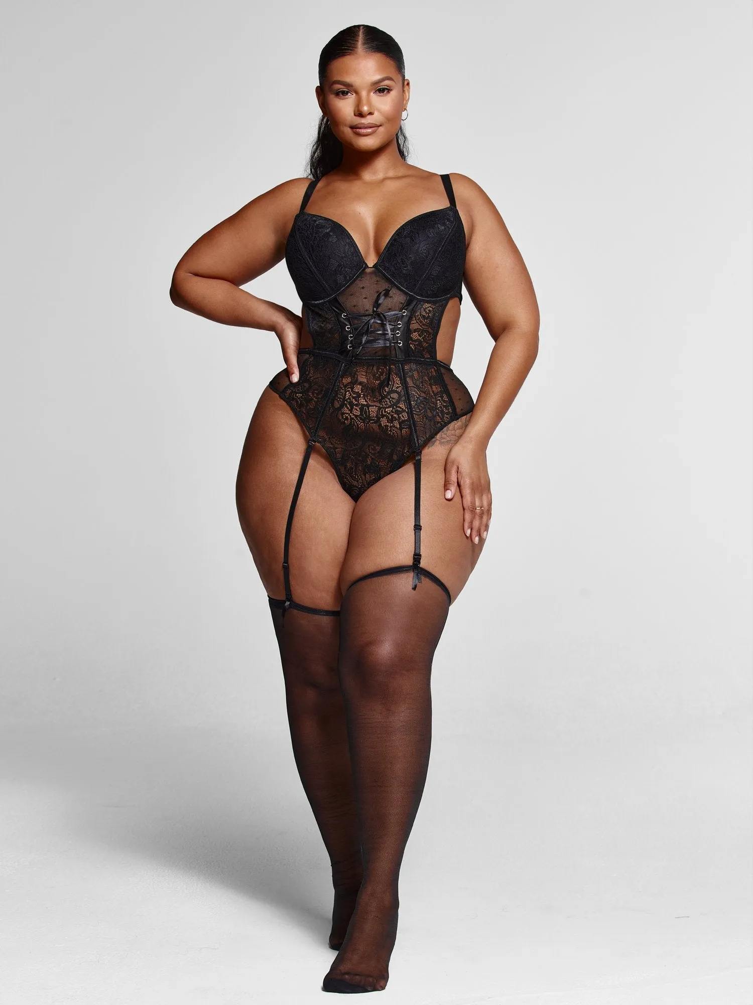 Angelina Corset Detail Lace Bodysuit with Garter Belt & Stockings