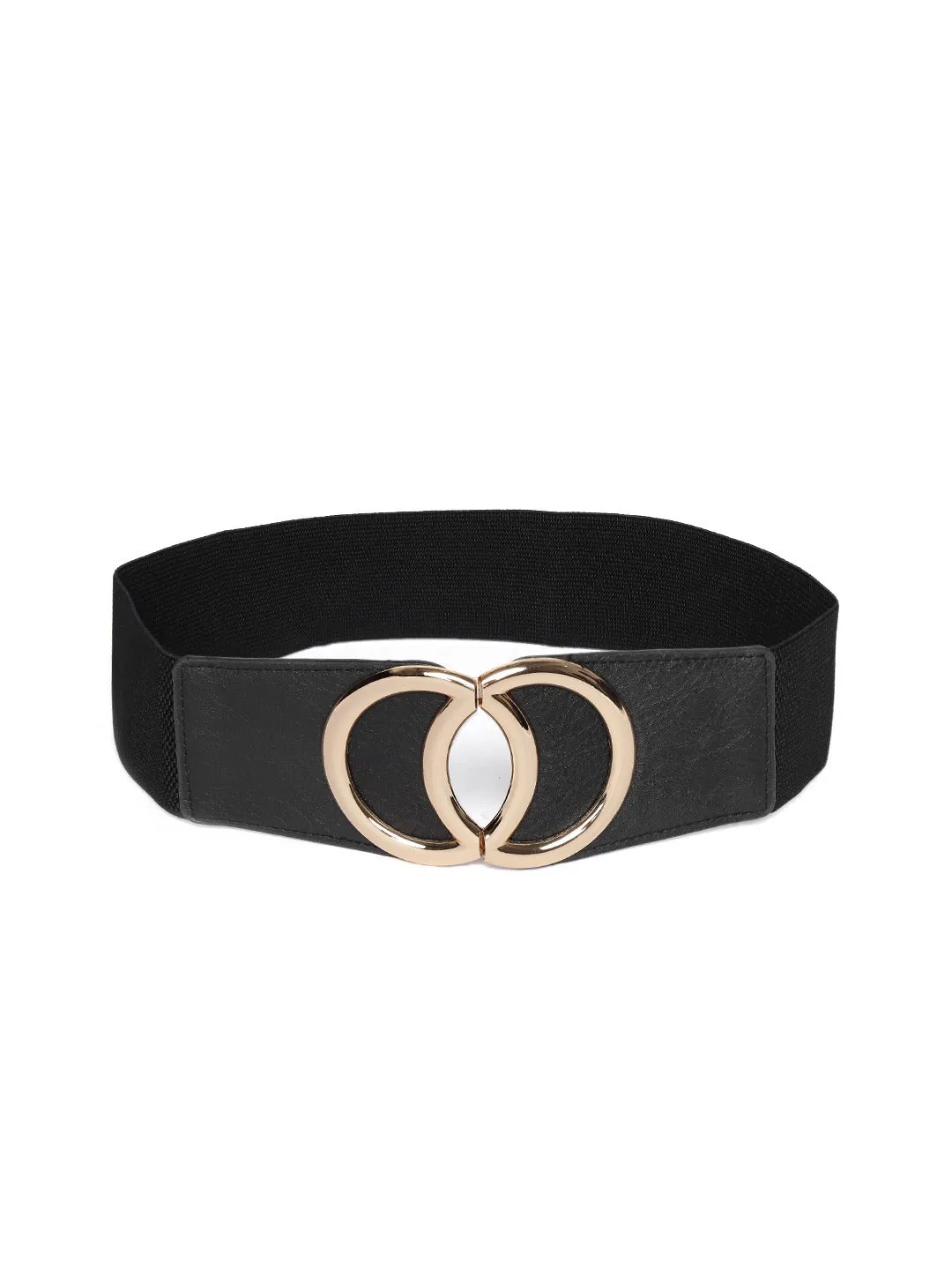 Berrylush Women Black Elastic Strap Round Fancy Buckle Belt