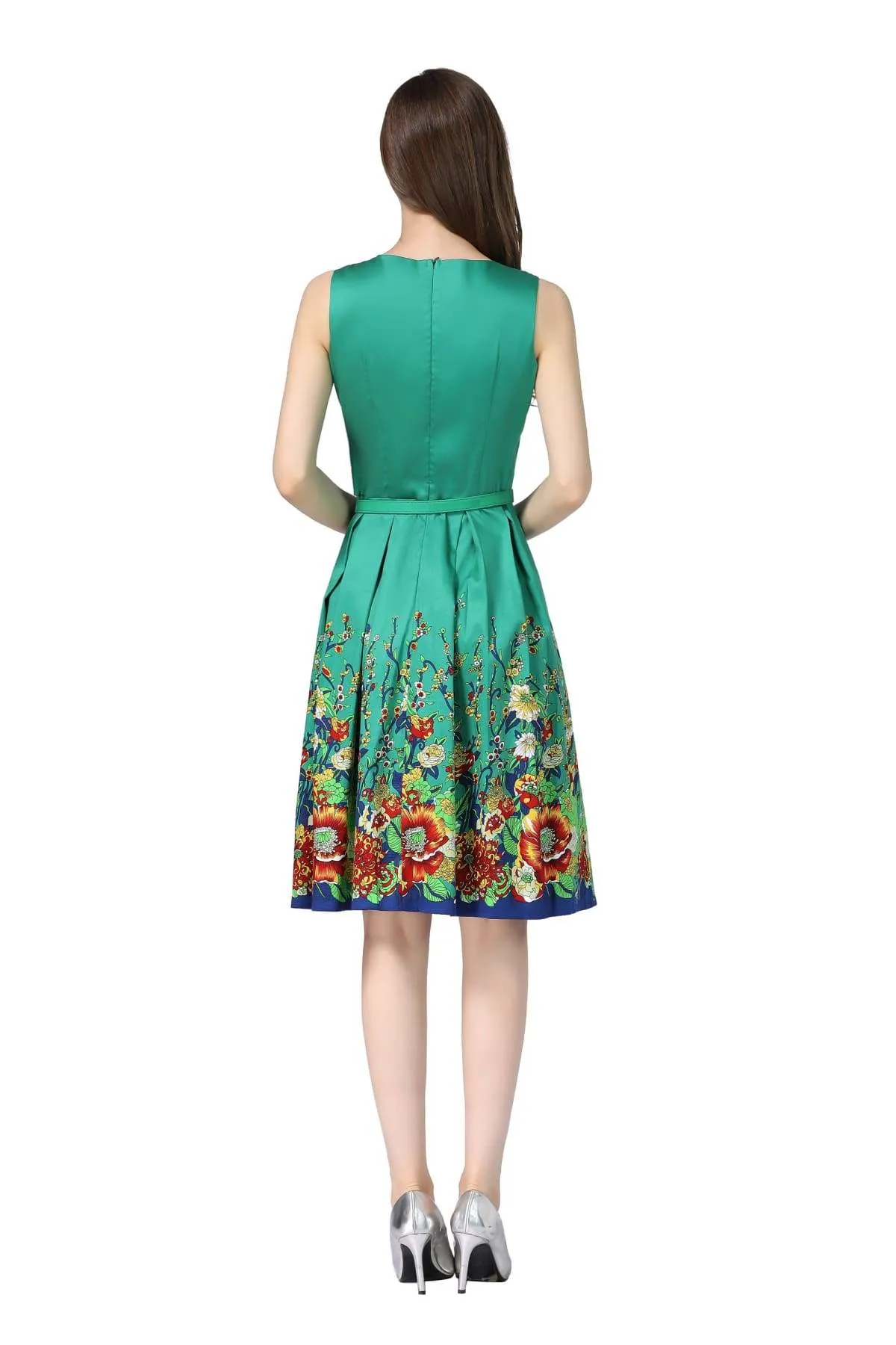 Green Scoop Neck Box Pleated Field of Flowers