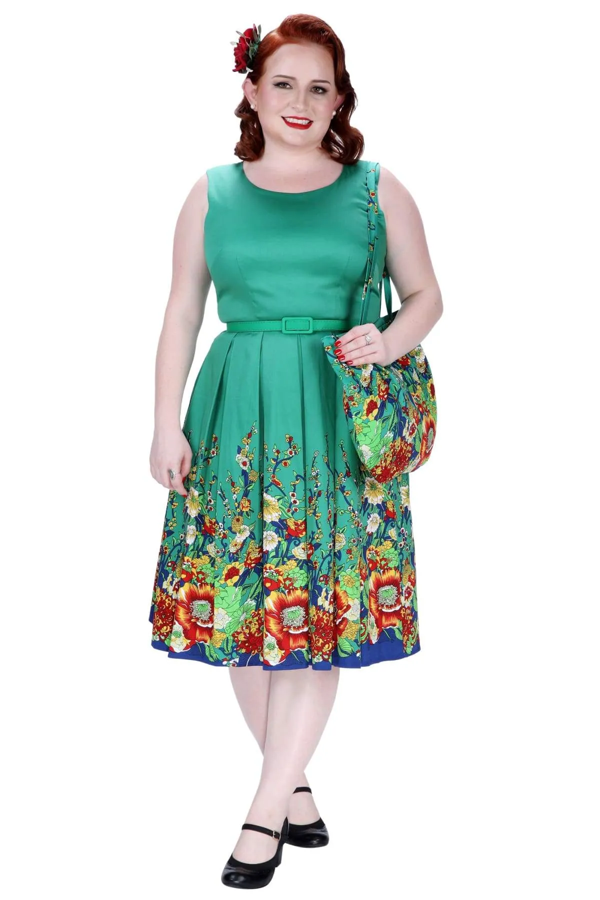 Green Scoop Neck Box Pleated Field of Flowers