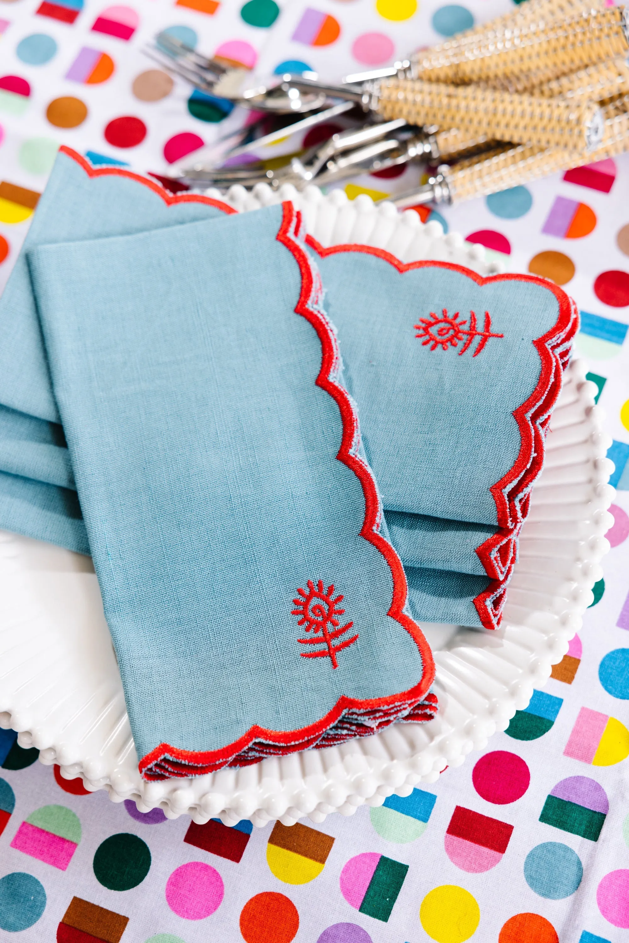 Icon Linen Napkins 4pc Set - Aqua/Cherry