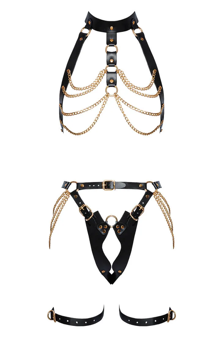 Leather X gold harness lingerie set - Raw Seduction