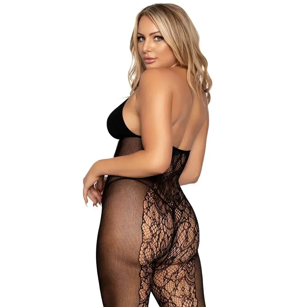 Leg Avenue Black Lace and Opaque Plus Size Bodystocking Uk 6 to 12