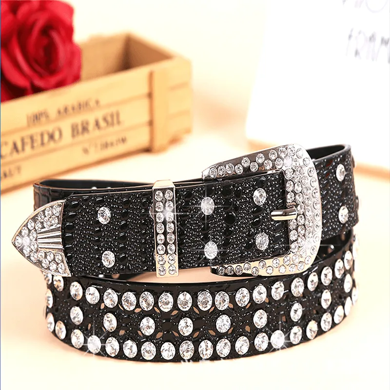 Punk Style Rhinestone Black PU Leather Belt / Luxury Female Accessories