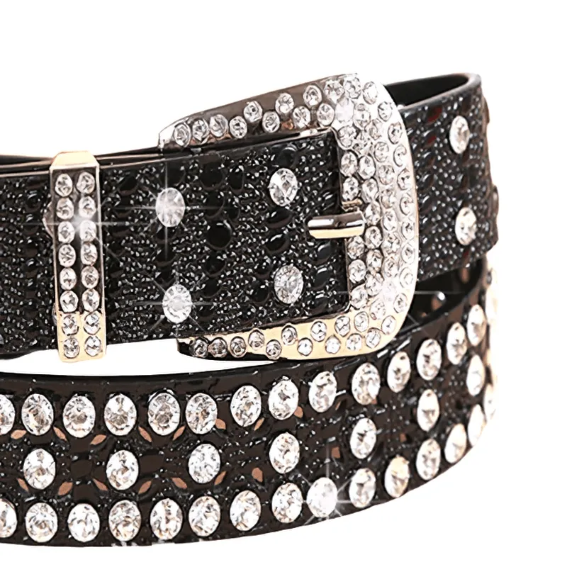 Punk Style Rhinestone Black PU Leather Belt / Luxury Female Accessories