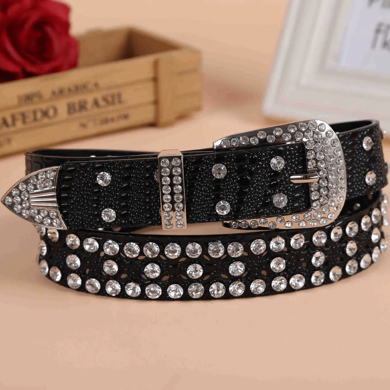 Punk Style Rhinestone Black PU Leather Belt / Luxury Female Accessories