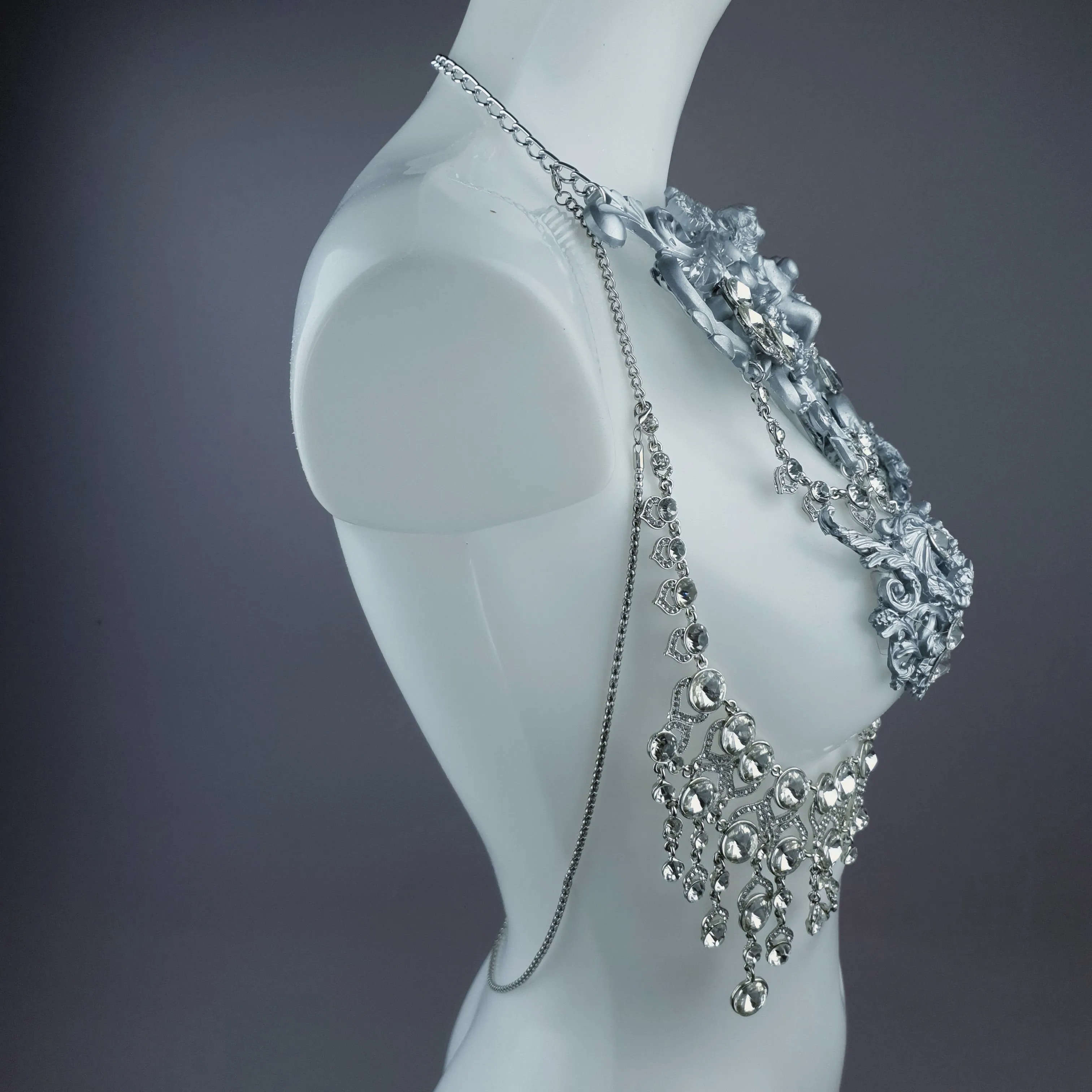 "Nymphodora" Silver Diamante Filigree Jewellery Harness with Nipple Pasties