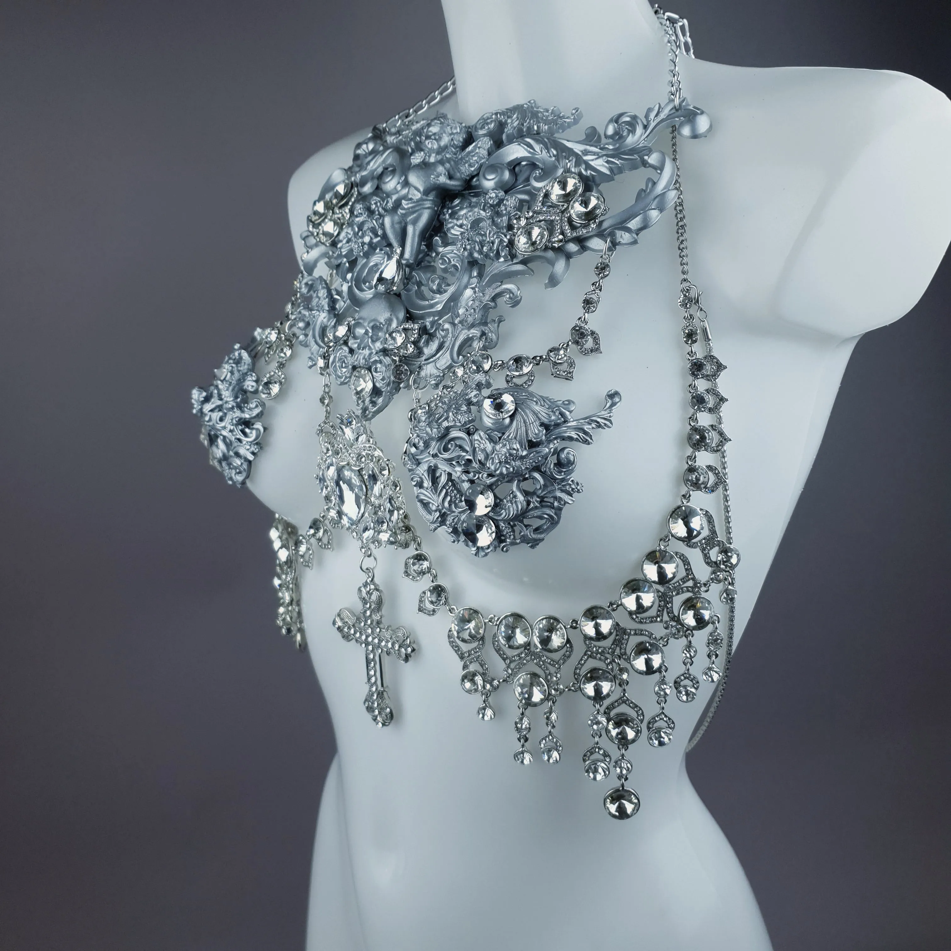 "Nymphodora" Silver Diamante Filigree Jewellery Harness with Nipple Pasties