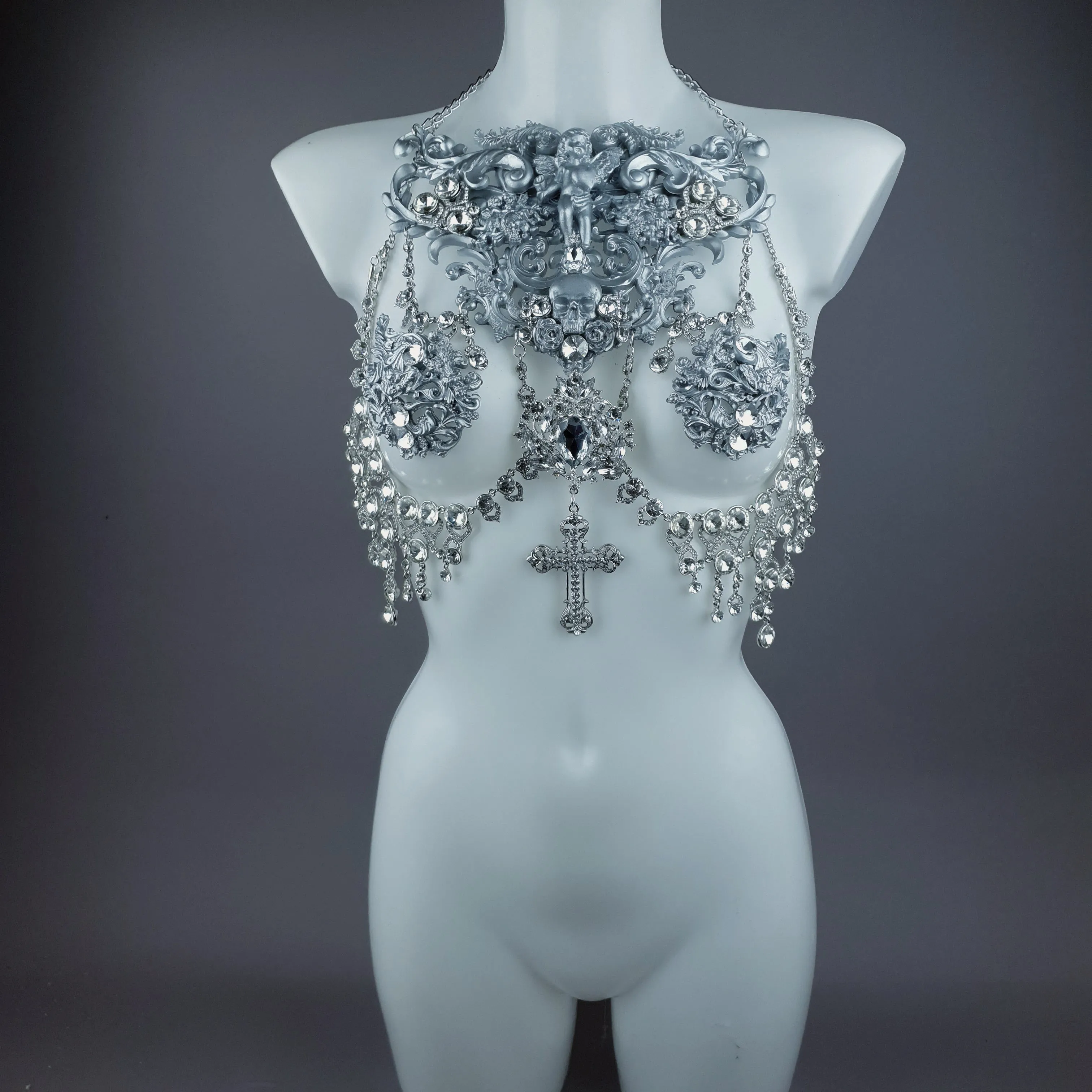 "Nymphodora" Silver Diamante Filigree Jewellery Harness with Nipple Pasties