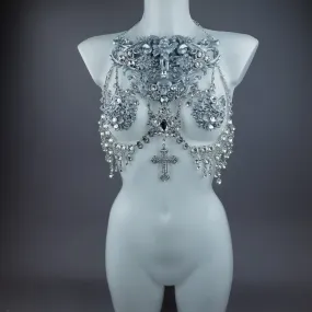 "Nymphodora" Silver Diamante Filigree Jewellery Harness with Nipple Pasties