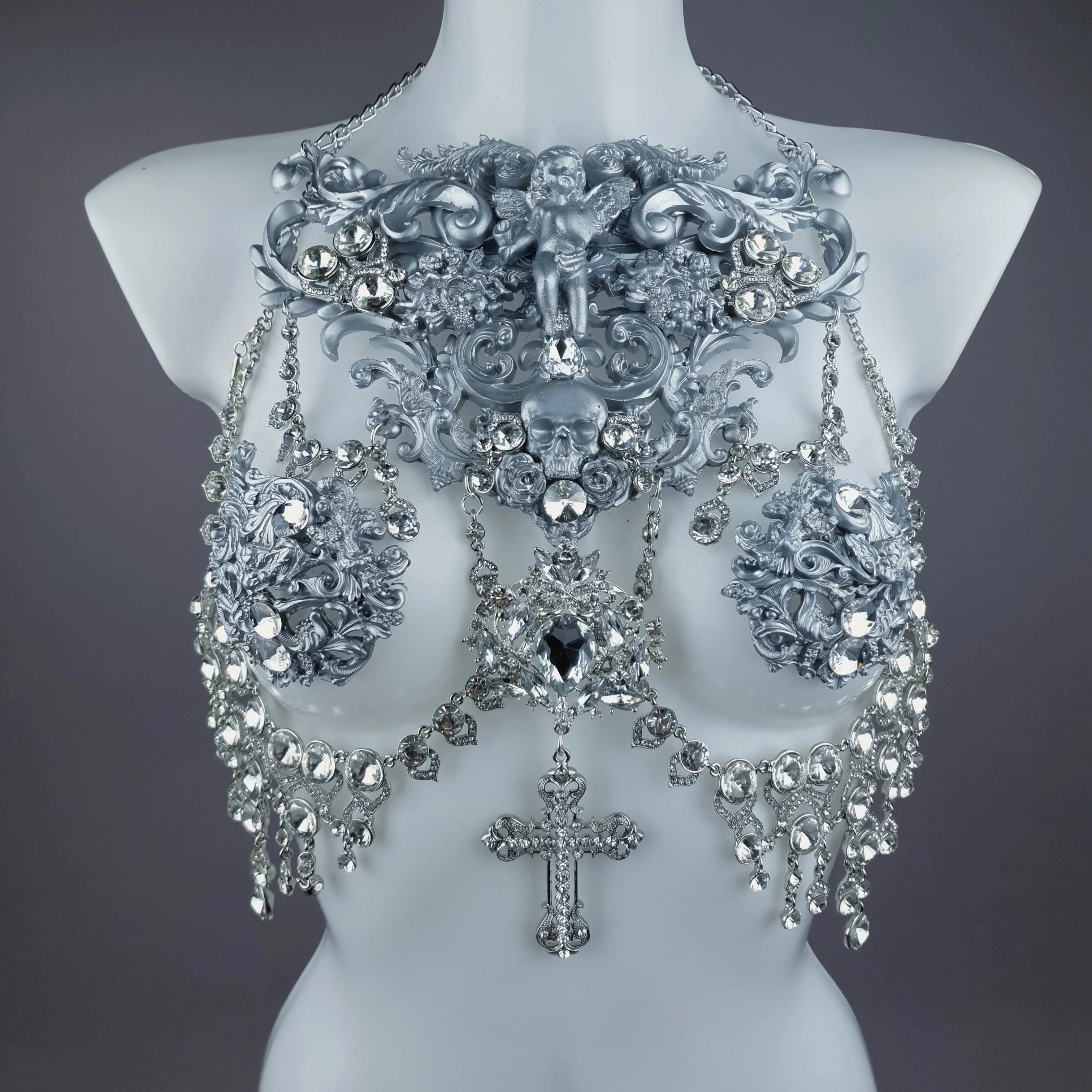 "Nymphodora" Silver Diamante Filigree Jewellery Harness with Nipple Pasties