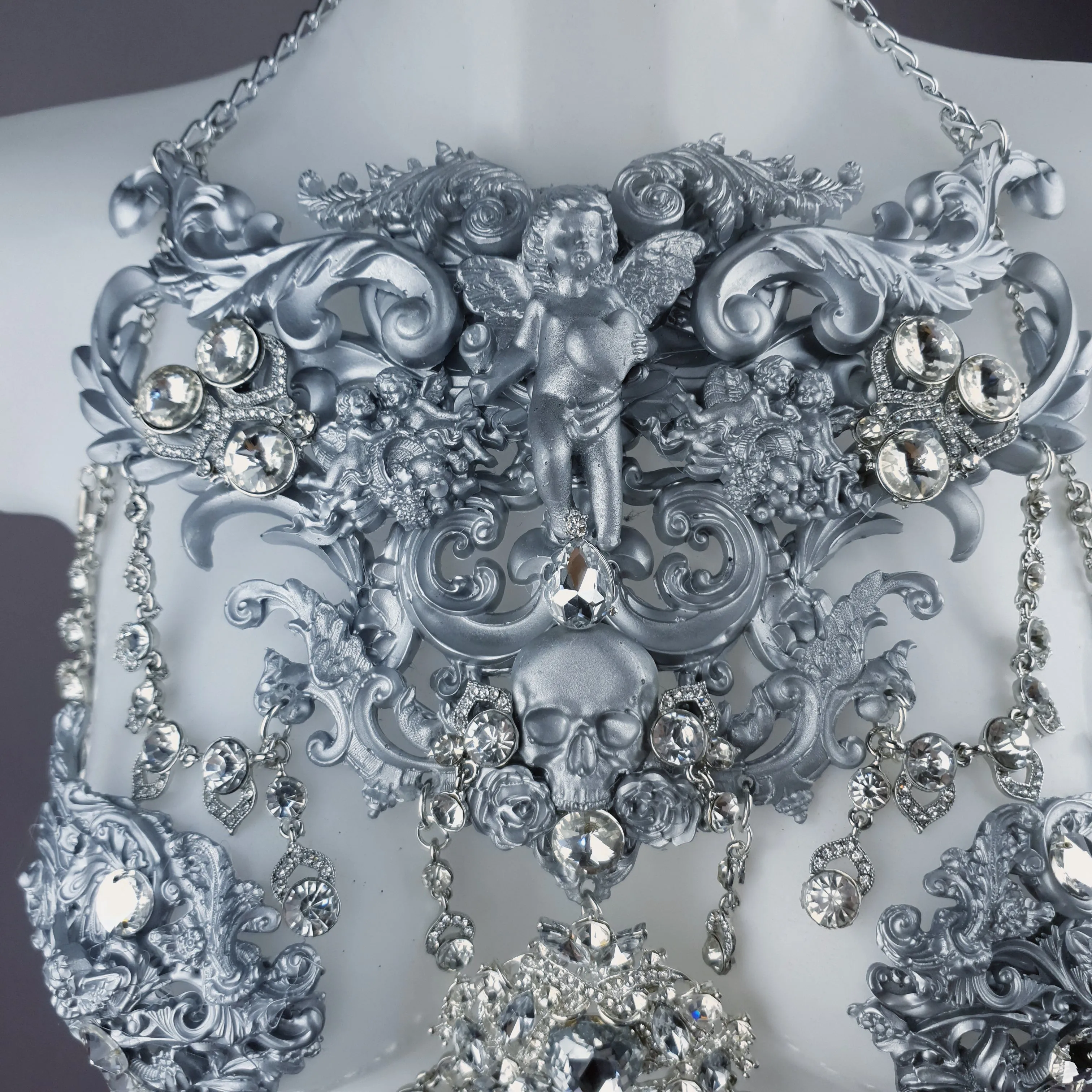 "Nymphodora" Silver Diamante Filigree Jewellery Harness with Nipple Pasties