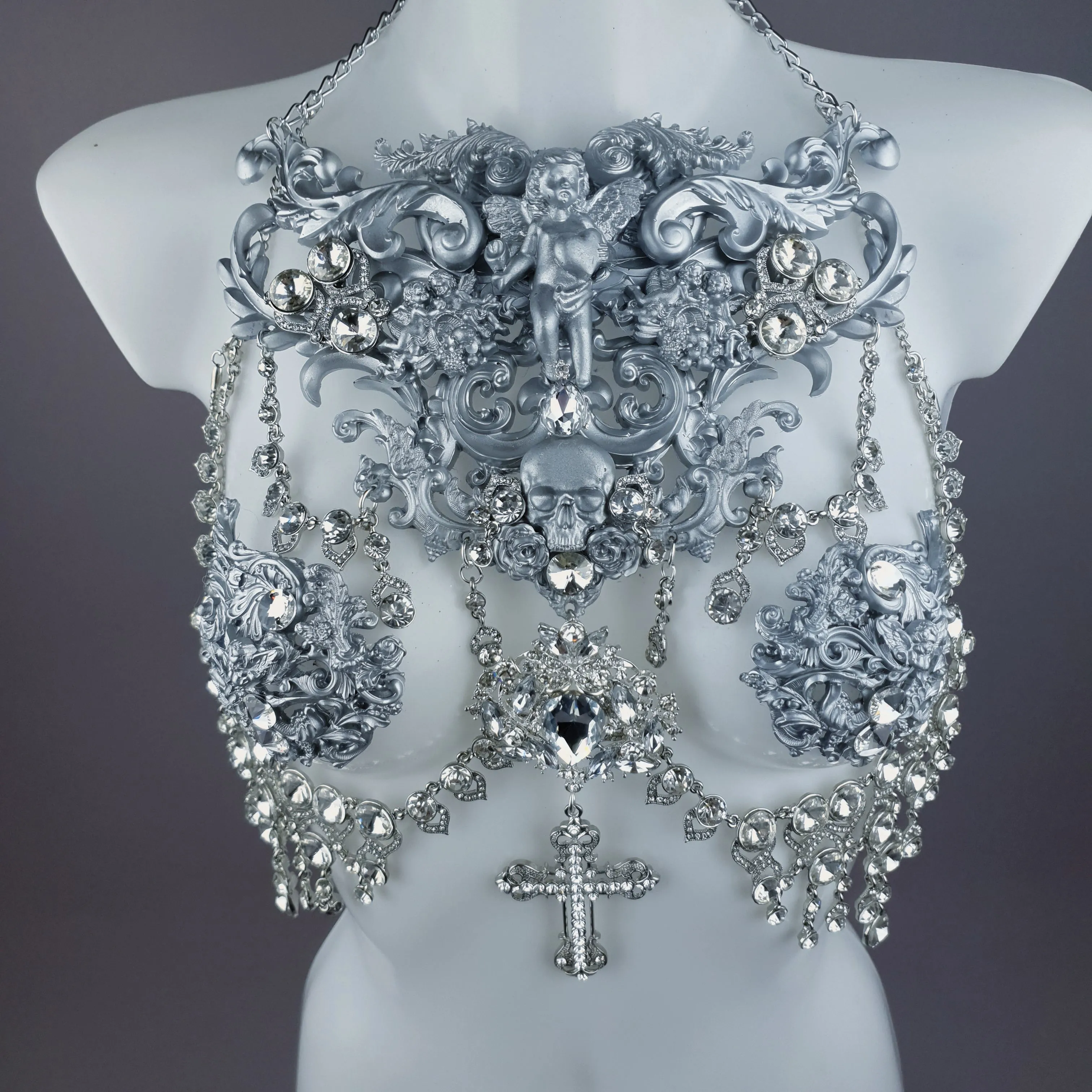 "Nymphodora" Silver Diamante Filigree Jewellery Harness with Nipple Pasties