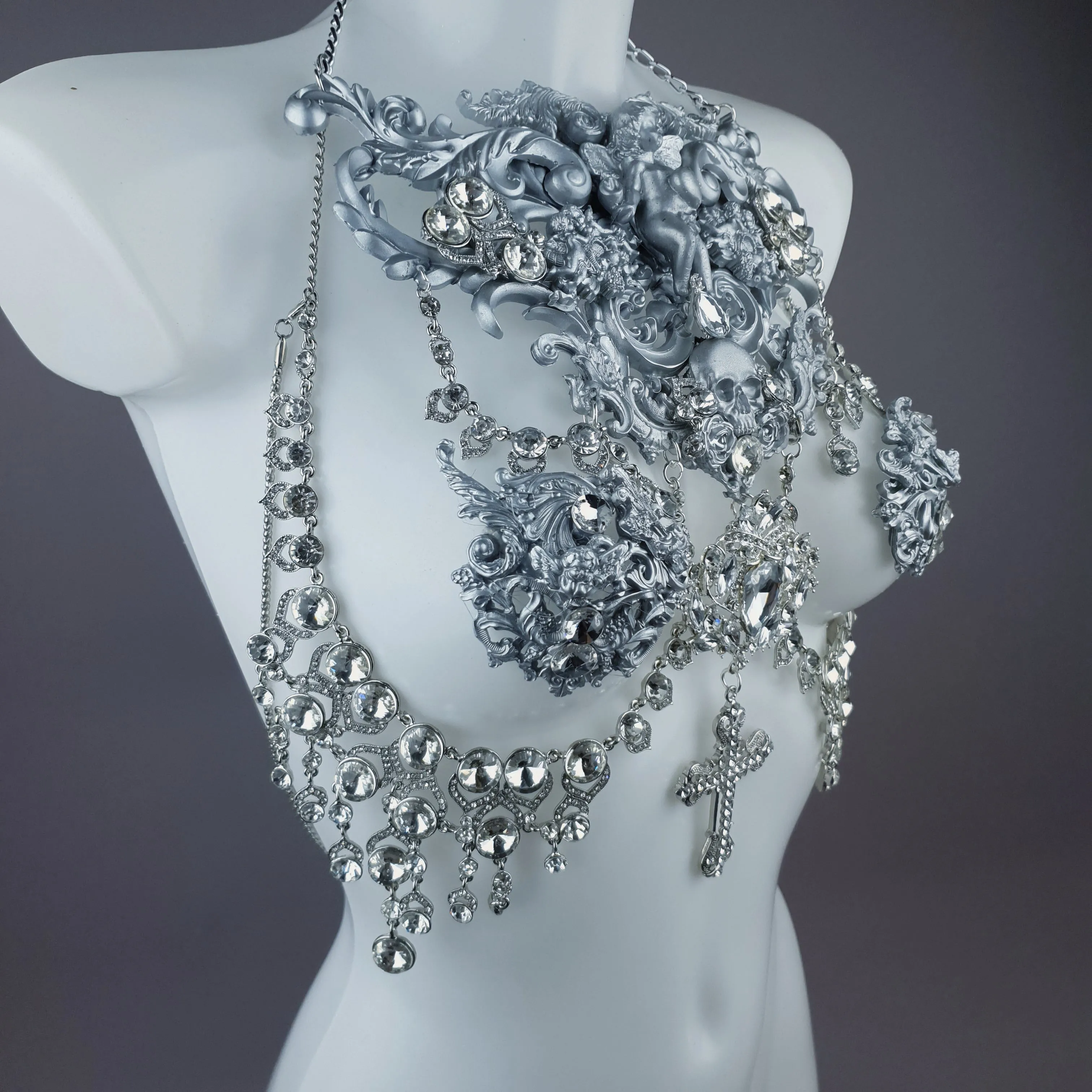 "Nymphodora" Silver Diamante Filigree Jewellery Harness with Nipple Pasties