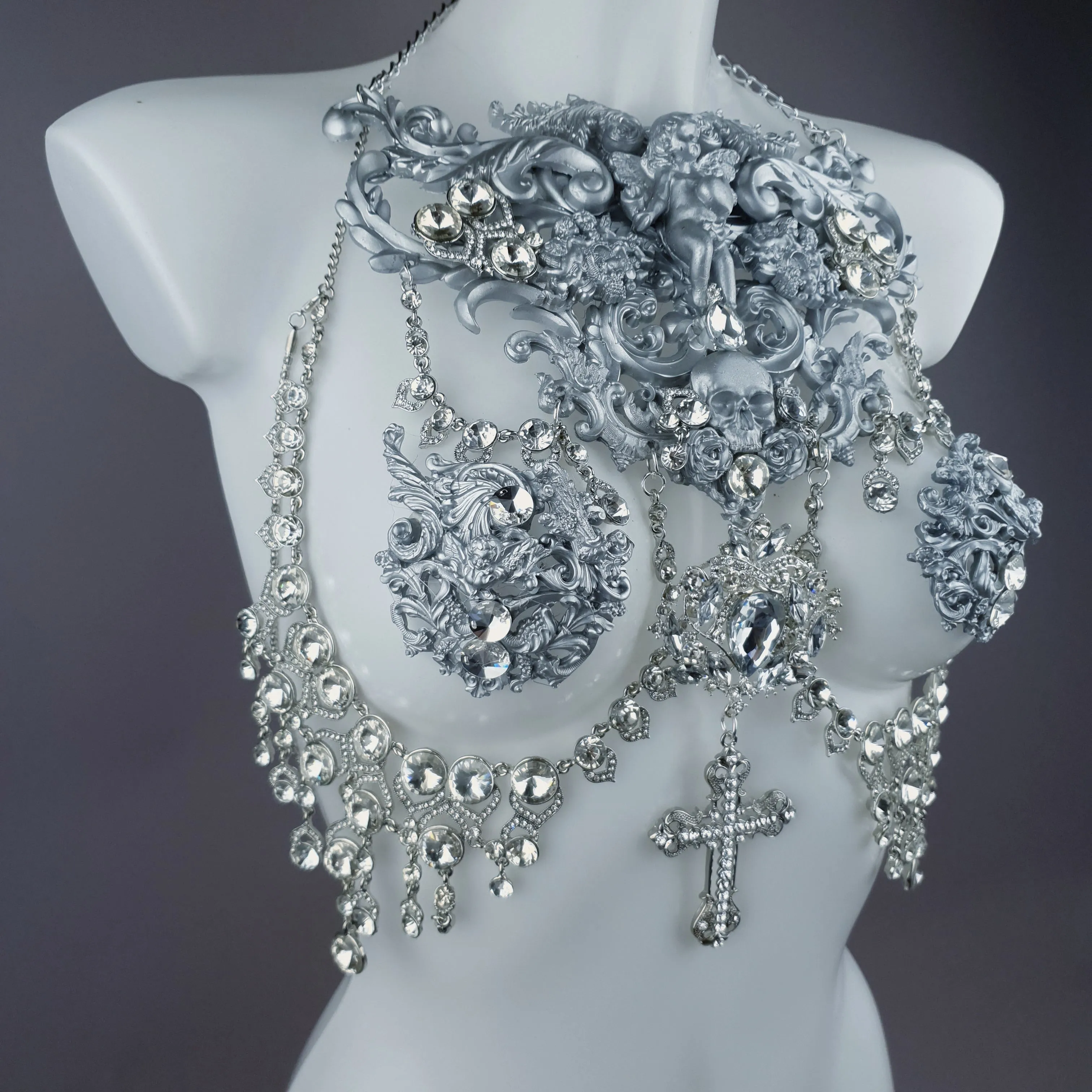 "Nymphodora" Silver Diamante Filigree Jewellery Harness with Nipple Pasties