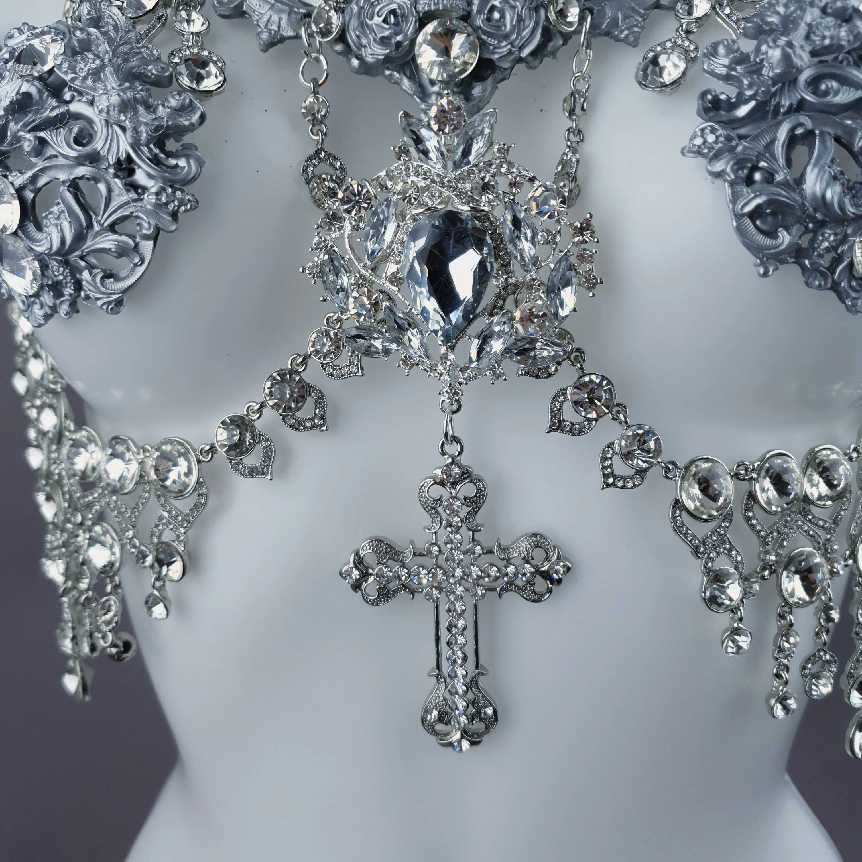 "Nymphodora" Silver Diamante Filigree Jewellery Harness with Nipple Pasties