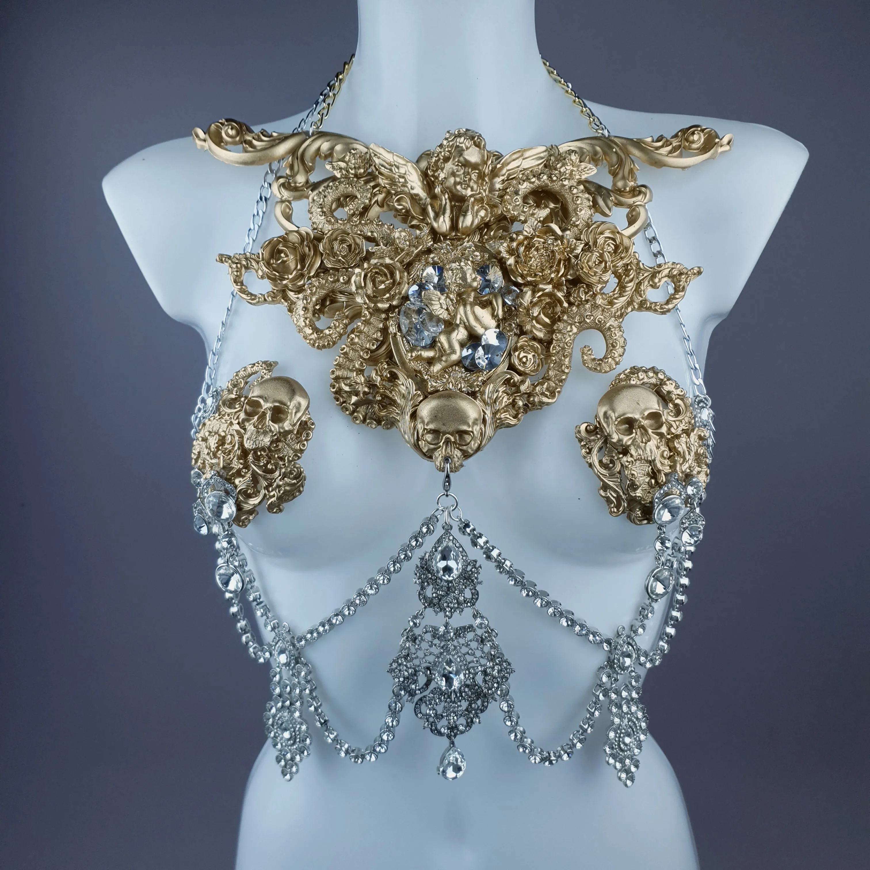 "Salome" Gold Diamante Filigree Jewellery Harness with Nipple Pasties