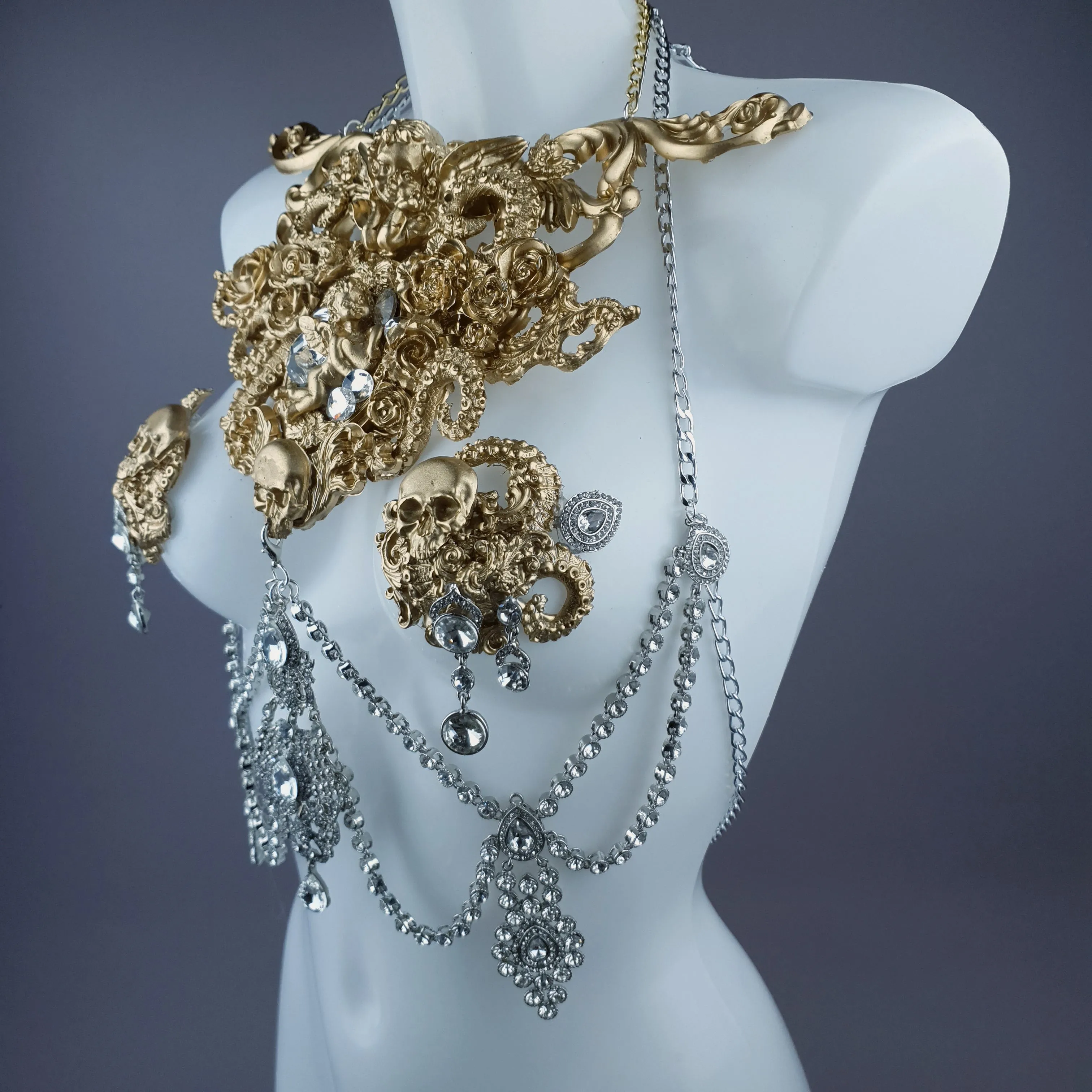 "Salome" Gold Diamante Filigree Jewellery Harness with Nipple Pasties