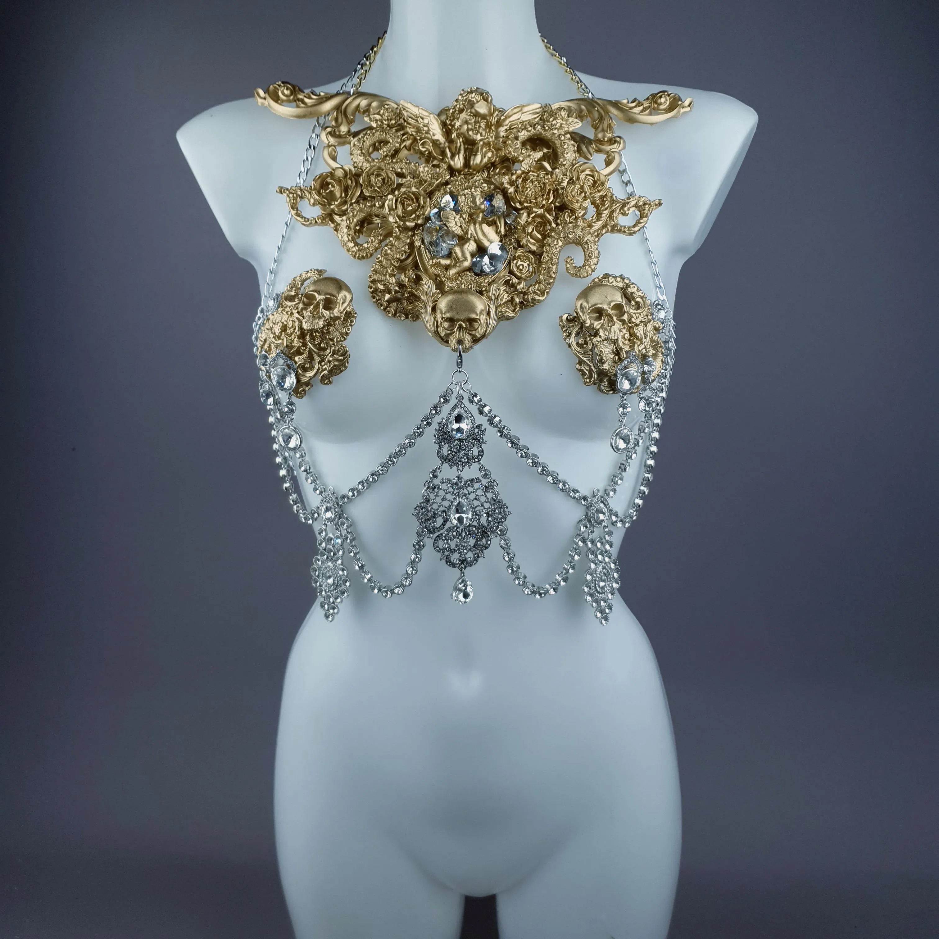 "Salome" Gold Diamante Filigree Jewellery Harness with Nipple Pasties