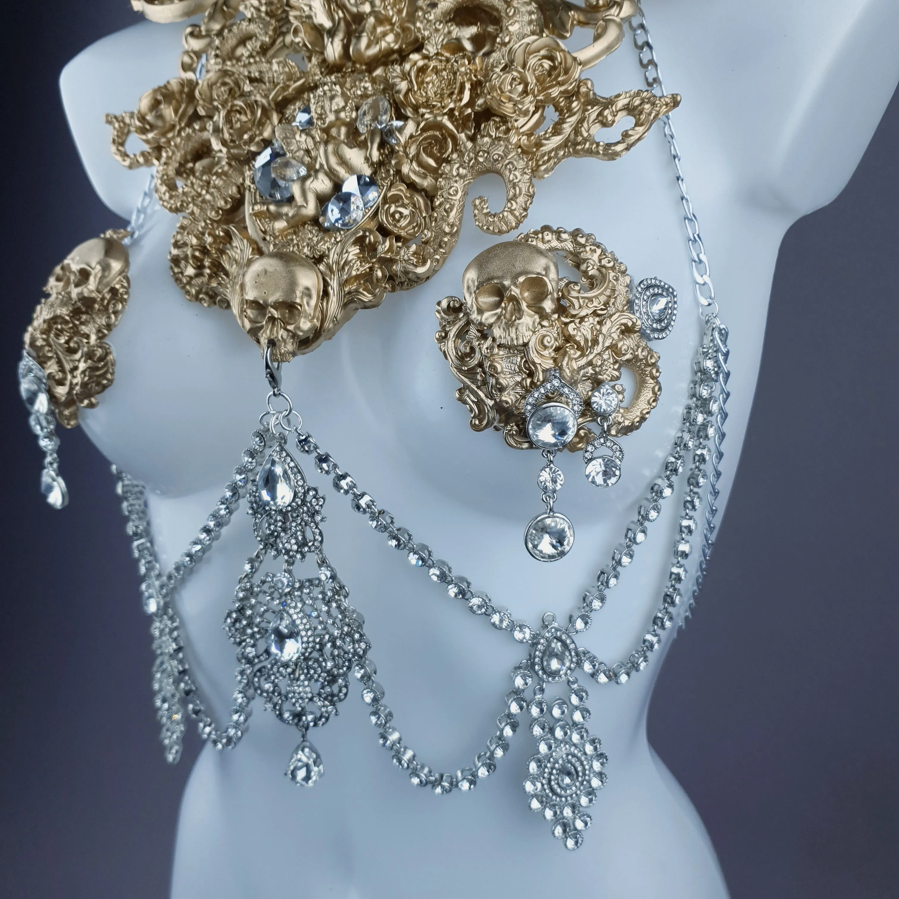 "Salome" Gold Diamante Filigree Jewellery Harness with Nipple Pasties