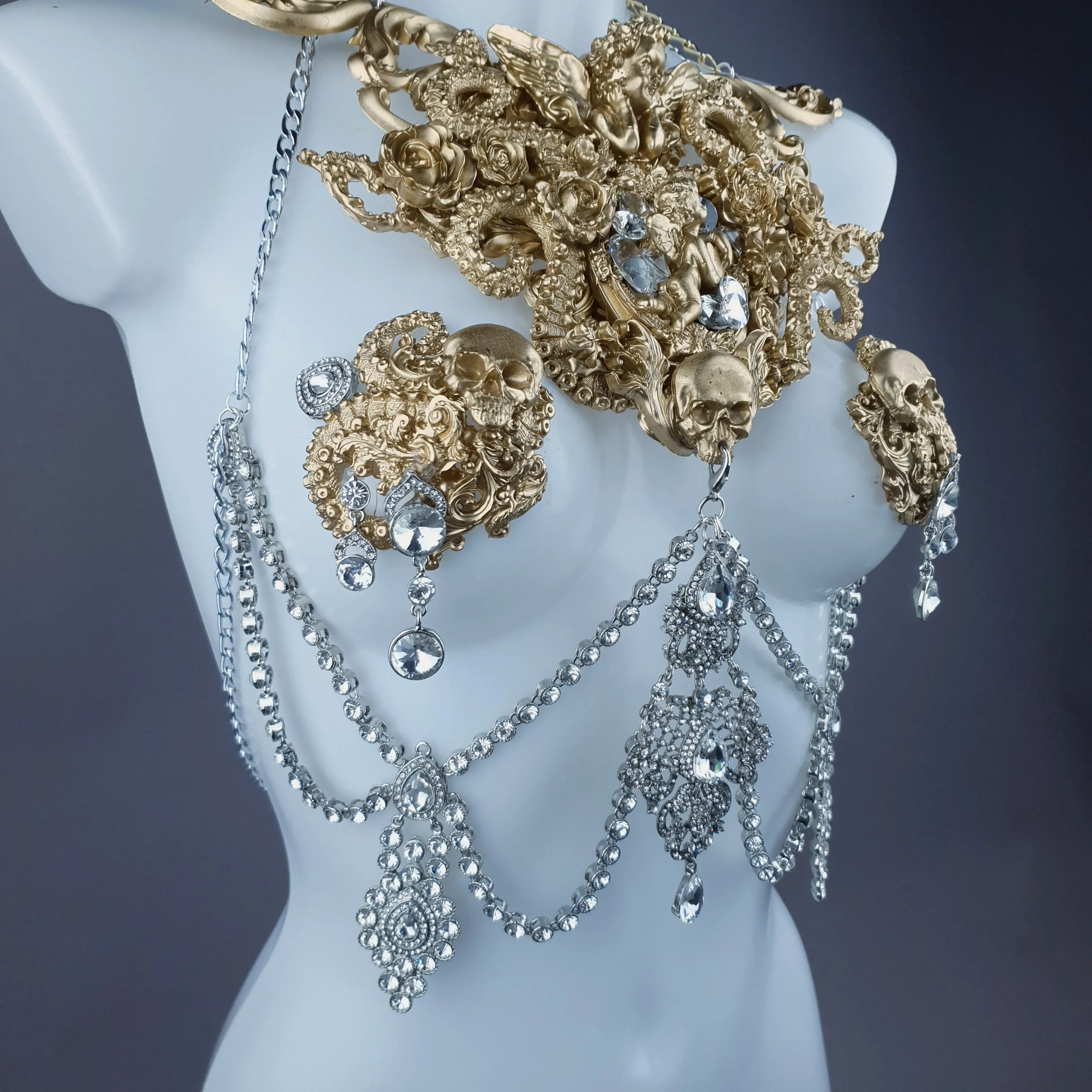 "Salome" Gold Diamante Filigree Jewellery Harness with Nipple Pasties