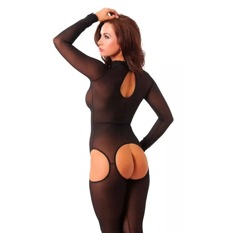 Rimba Sensual Black Open Crotch Catsuit with Keyhole Details