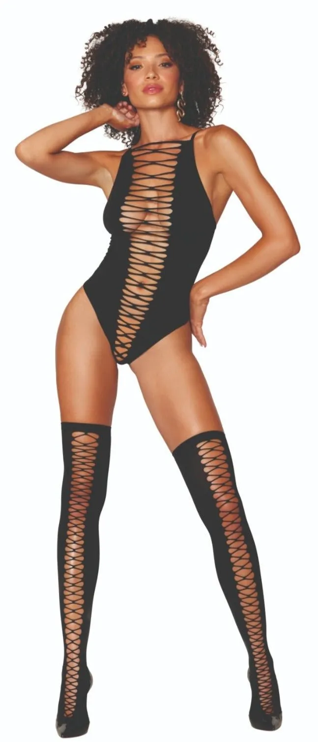 Seamless Crisscross Bodysuit and Stockings Set