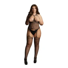 Shots Nylon Black Strappy Plus Size Suspender Bodystocking Uk 14 to 20