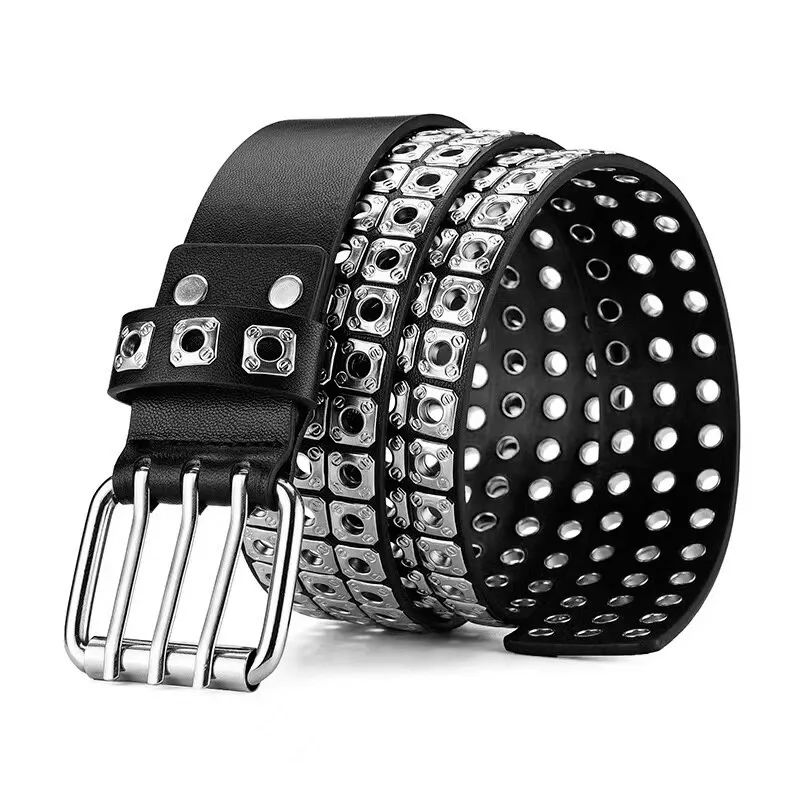 Square Rivets Wide Belt With Three Pin Buckle / Punk Rock Leather Belt