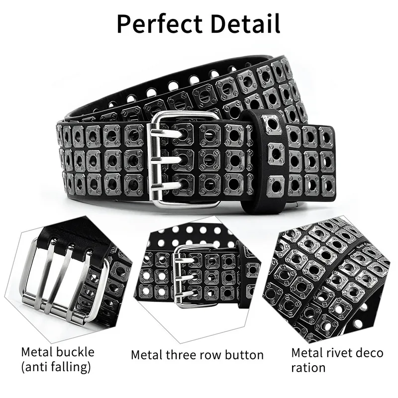 Square Rivets Wide Belt With Three Pin Buckle / Punk Rock Leather Belt