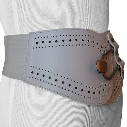 White Faux Leather Wide Stretch Belt with Graduated Eyelit Drilled Panels and Polished Chrome finish U Hook